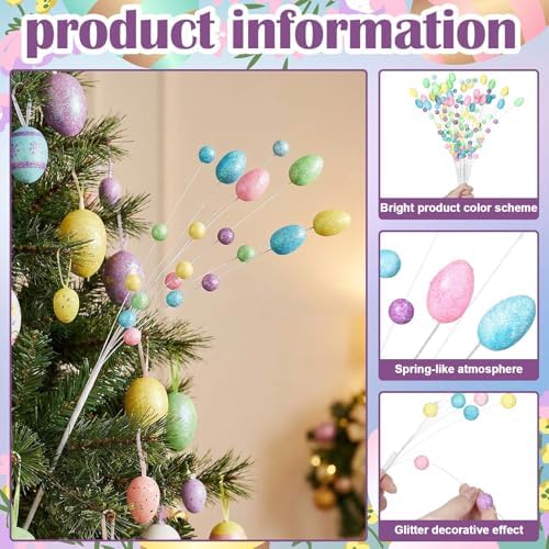 Zeyune 8 Pack 17 Inch Easter Pastel Egg Picks Glitter Spring Foam Eggs Berries Branches Stems Easter Tree Decoration for Spring Vase Floral Arrangement Table Centerpiece Wreath Decoration
