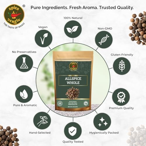 Spice Magic Allspice Whole, 4 oz (113g) - Premium Whole Jamaican Pimento Berries for Savory and Sweet Dishes I 100% Natural, Non-GMO & Freshly packed, ideal for both savory and sweet dishes.