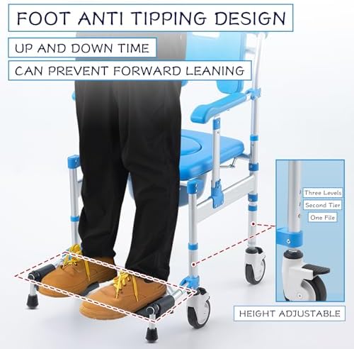 Shower Chair with Wheels Folding Armrests Can Be Upturned Rolling Shower Wheelchair Bedside Commode Chair Toilet with Detachable Bucket for Seniors and Disabled, Weight Capacity 330lbs (Blue)