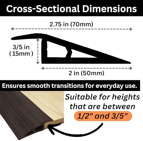 1/2" to 3/5" Height Threshold Ramp - Rubber Threshold, Floor Transition Strip, Door Strip, Wheelchair Ramp, Carpet to Tile Strip (Ebony Walnut, 40 inches)