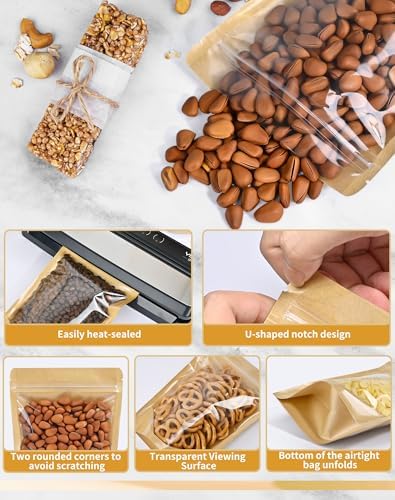 FireKylin 100 PCS Stand Up Pouches,6.3" x 9.4" Paper Bags With Window Clear Front Pouches Resealable Zipper Food Storage Brown