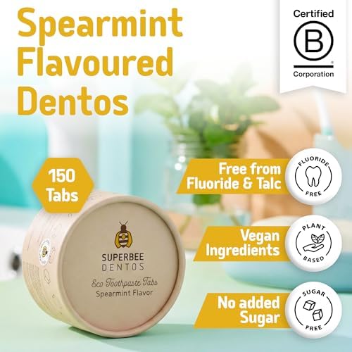 SuperBee Dentos Toothpaste Tablets, 150 Tabs, Fluoride Free & Eco Friendly, Travel Mouthwash Tablets, Sensitive Tooth Cream Bites for Kids and Adults, Chewable Tablet, Spearmint