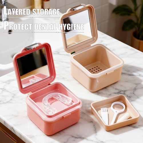 Denture Soaking Container Retainer Cleaner Case, Denture Bath Box with Strainer Basket, with Cleaning Brush Dentures Cup, with Mirror Denture Holderfor Travel Retainer case（beige）