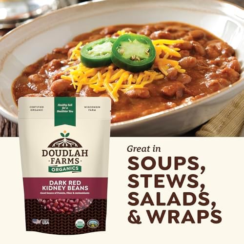 Organic Dried Dark Red Kidney Beans 5 lb - Non-GMO, USDA Organic, Farmed From Regenerative Soil, Tested Clean Certified, Vegan, Rich in Fiber & Protein for Soups, Salads, & Chili - Grown In USA by Doudlah Farms