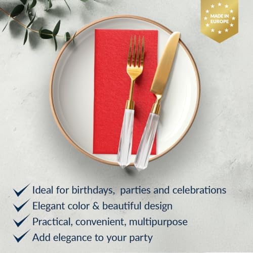 PAW - 50-Pack Disposable Red Linen-Feel Guest Towels 8" x 4" Folded, European Quality Hand Towels, Elegant Dinner Napkins for Special Occasions - Wedding, Birthday, Holiday, Bridal Shower