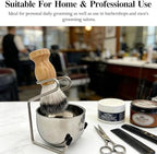 Men’s Wet Shave Set with Wooden Shaving Brush, Stainless Steel Bowl & Space-Saving Stand