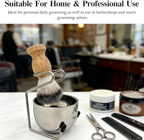 Men’s Wet Shave Set with Wooden Shaving Brush, Stainless Steel Bowl & Space-Saving Stand