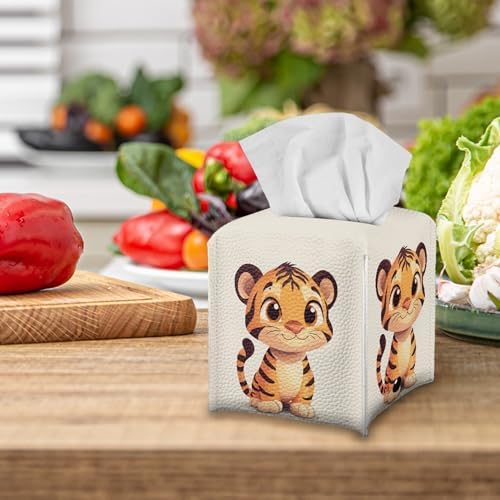 Cartoon Tiger Foldable Tissue Box Cover Square Facial Kleenex Napkin Holder PU Leather Tissue Box Holder for Car Home Bedroom Desk Office Decoration, Cute Cartoon Little Tiger Ivory