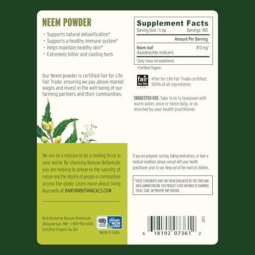Banyan Botanicals Neem Powder – Organic Neem Leaf Supplement (Azadirachta Indica) – for Skin Health, Immune Support, and Natural Detoxification* – 1 lb. – Non-GMO Sustainably Sourced FFL Fair Trade