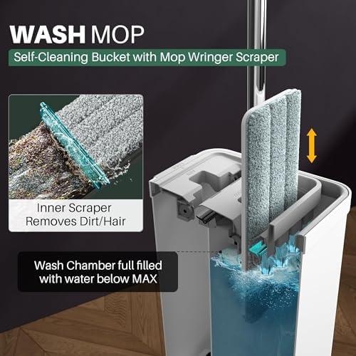 JOYMOOP Mop and Bucket Set with Wringer, Dust Mops for Floor Cleaning, Wall Cleaner with Long Handle,Wet and Dry Use - 8 Microfiber Mop Pads