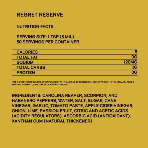 Elijah's Xtreme Regret Reserve Hot Sauce - Carolina Reaper, Trinidad Scorpion, and Habanero Pepper - 5oz bottle contains 70% of the hottest peppers in the world