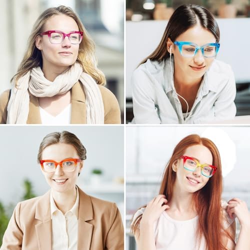 MMOWW 4 Pack Fashion Square Reading Glasses for Women Men Blue Light Blocking Readers with Spring Hinges
