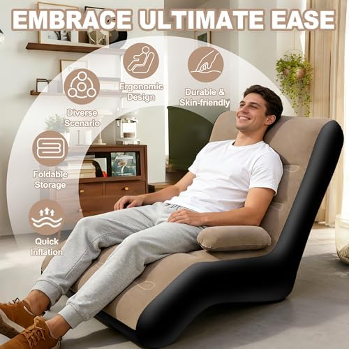FluSing Inflatable Couch for Camping, Blow Up Couch for Adults with Armrest, Waterproof Flocked Surface Inflatable Sofa Bed Indoor, Portable Inflatable Chairs for Movie Night, Air Sofa Outdoor | With armrest