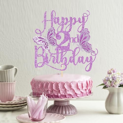 Kaoenla Butterfly Happy 2nd Birthday Cake Topper-Glitter 3D Butterfly theme 2nd/two Birthday baby baptism Cake Decor Supplies (2nd, Purple)