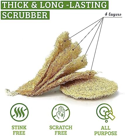 Natural Loofah Dish Sponge Pack 3 Vegetable Scrubber for Kitchen -100% Biodegradable Compostable Dishwashing Scouring Pad Zero Waste Plastic Free Eco Friendly Sustainable