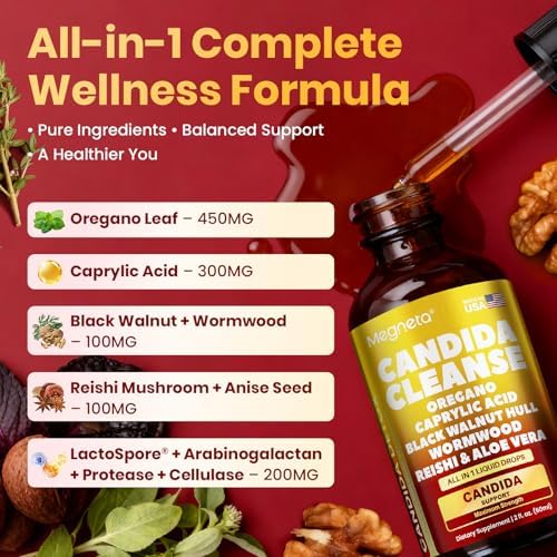 Candida Cleanse Detox with Triple-Targeting Technology, All-in-1 Synergy Formula with Caprylic Acid, Oregano, Black Walnut & Wormwood – Yeast Detox, Gut Health, Digestive & Immune Health (2 Fl Oz)