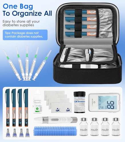Glucoracy Large Insulin Cooler Travel Case,Medication Cooler Bag with 4 * 160g Reusable Ice Packs for Insulin Pens and Diabetic Supplies, Diabetic Care Kits Organizer with Handle Design, Black