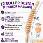 COZLOW Wooden Massage Roller Stick (12 Rollers) - Curved Wood Therapy Massage Tool for Body Sculpting, Fascia Release & Lymphatic Drainage - Maderotherapy Helps Reduce Cellulite Appearance