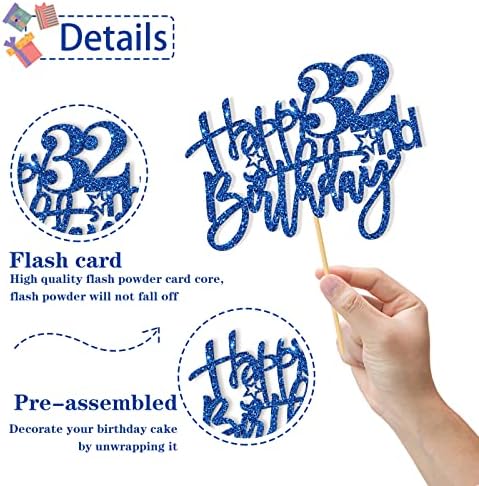 Happy 32nd Birthday Cake Topper - Adult Girl Boy Five Years Old Birthday Cake Supplies - 32nd Bday Party Decorations - Blue Glitter