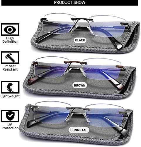 3 Pack Reading Glasses for Men Blue Light Blocking, Lightweight Rimless Metal Mens Eyeglasses Readers, Anti Eyestrain/Dryness/Computer Glare/UV 400, Spring Hinge Eyeglasses(150 Strength)