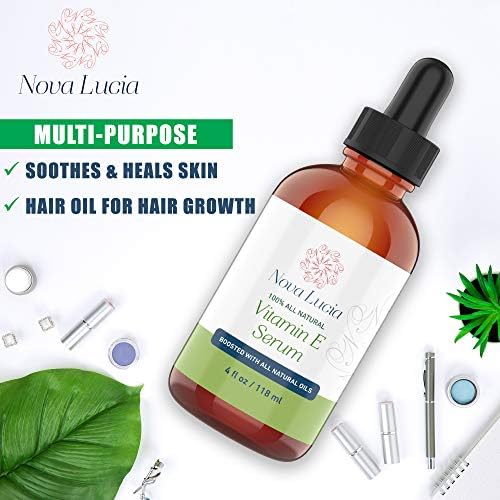 Nova Lucia Organic Vitamin E Oil – Pure Vitamin E for Skin, Face & Hair | Scar & Stretch Mark Treatment, Natural Moisturizer for Soft, Smooth, Hydrated Skin – 4 oz