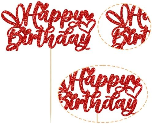 Gyufise 1 Pack Red Glitter Happy Birthday Cake Topper with Love Heart Glitter Valentine's Day Cake Picks Love Theme Baby Shower Kids Birthday Party Cake Decorations Supplies