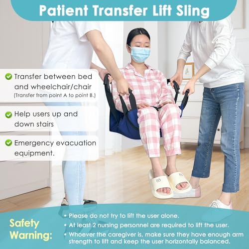 Patient Lift Transfer Belt from Bed to Wheelchair Stair Transfer Emergency Evacuation Chair Pad Safety Medical Lifting Sling Slide Board Transferring for Elderly, Disabled, Adults (Blue - 4 Handles)