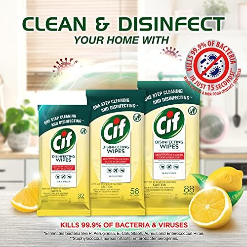 Cif Multi Surface Disinfecting Hand Wet Citrus Wipes for All Hard Non Porous Surfaces, Remove 99 Percent of Diseases, 32 Count