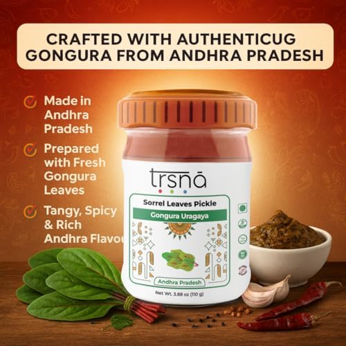Trsna Gongura Pickle (Sorrel Leaves Pickle) 110g (3.88 oz) | Authentic Andhra Indian Pickle | South Indian Gongura Uragaya | Traditional Pickled Sorrel | Premium Indian Pickles in Glass Jar