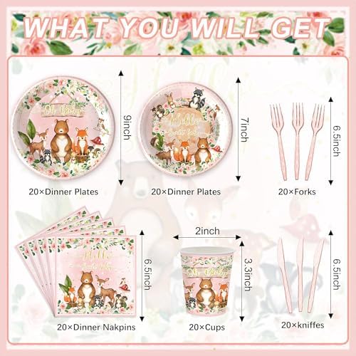 120PCS Woodland Party Supplies for Girls Baby Shower Pink Wild Animal Decorations Plates Napkin Cups Forks Knives Tableware Set for 20 Guests
