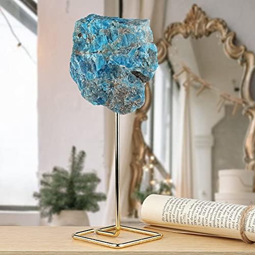 mookaitedecor Natural Blue Apatite Raw Rough Stone with Stainless Stand, Gemstone Specimen Healing Crystal Stone Display for Office Home Decor 6.7"-7.8" Tall
