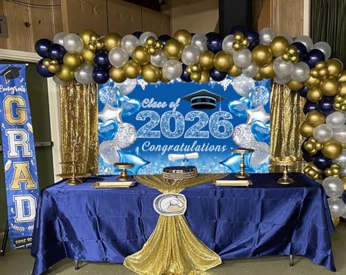 2026 Graduation Party Backdrop Blue Silver Class of 2026 Glitter Graduation Photography Background Party School Prom Cake Table Decorations Banner (Blue, 7X5FT(82x59inch))