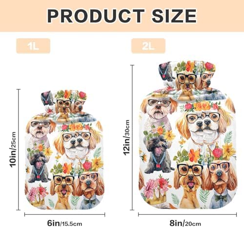 Watercolor Cute Funny Dogs Classic Hot Water Bottle with Cover 1L Hot Water Bag Hot Water Bed Warmer for Tummy Cramps Neck and Shoulder Waist Pain Relief