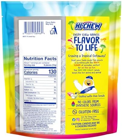 HI-CHEW Tropical Mix, Kiwi Pineapple Mango Dragon Fruit, 4 Stand Up Pouches, 220+ Pieces, 12.7oz each - Fun Soft & Chewy Bulk Candy - Juicy Fruity Flavors - Individually Wrapped for Sharing