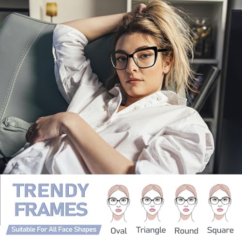 Reading Glasses Women, 3 pack Fashion Oversized Blue Light Readers Women, Spring Hinge Cat Eye Glasses Anti Eyestrain(C1 Black Transparent & Claret Transparent & Champagne, 1.00)