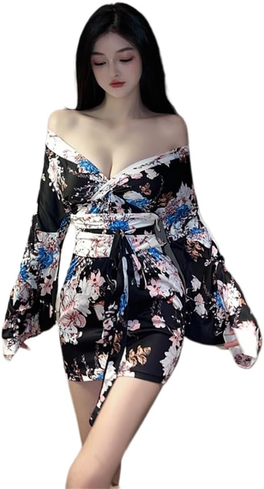 Japanese women's cosplay cardigan kimono nightgown floral geisha bathrobe lingerie