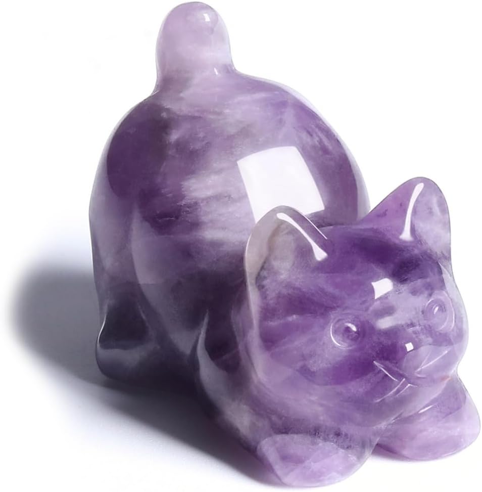 CrystalTears Amethyst Crystal Cat Figurine Carved Healing Crystals Gemstones Cat Animal Statue Cute Cat Ornament for Home Desk Decor Good Luck Cat Gifts for Women Men Christmas 1.6”