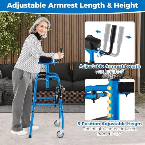 Goplus Folding Walker, 450 Lbs Foldable Standard Walker with 5'' Wheels, Seat and Removable Armrests, Lightweight Walking Mobility Aid, Aluminum Platform Walkers for Seniors, Handicap, Disabled