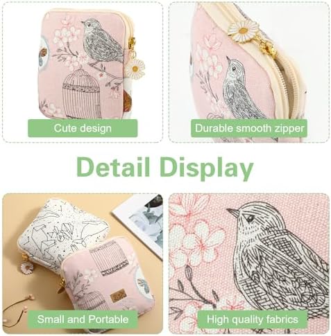 cobee 2PCS Sanitary Pad Storage Bag, Cute Sanitary Napkin Storage Purses Portable Period Bag with Daisy Zipper Panty Liner Tampon Menstrual Cup Nursing Pad Holder Pouch for Girls Women Travel(Bird)