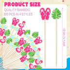 CHENGU 200 Pcs Summer Tropical Cocktail Picks Hawaiian Toothpicks Cupcake Toppers Beach Flamingo Palm Leaf Bamboo Fruit Sticks Cocktail Skewers for Appetizers Food Drinks Luau Party Decoration