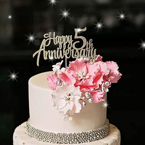 5th Anniversary Party Decoration Gold Glitter 5th happy Anniversary Cake Topper