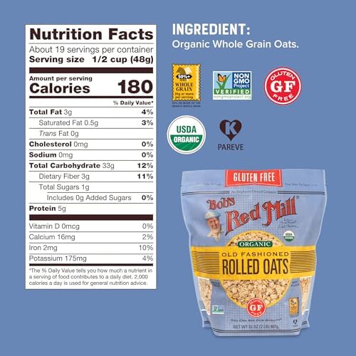 Bob's Red Mill Gluten Free Organic Old Fashioned Rolled Oats, 32oz (Pack of 1) - Non GMO, Whole Grain, Vegan, Kosher