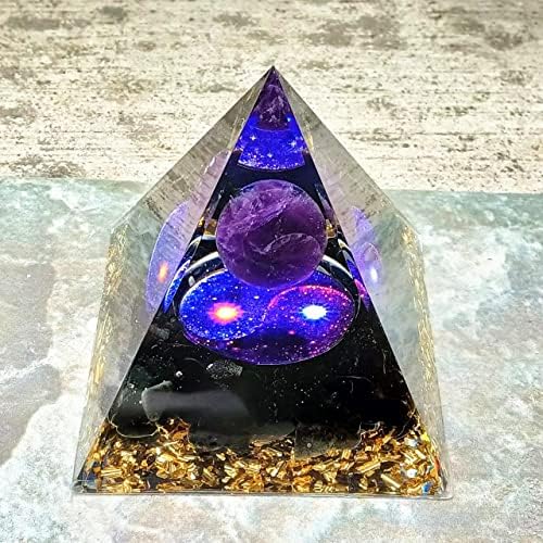 Moonstone Crystal Orgone Pyramid Ogan Crystal Energy Tower, Nature Reiki Chakra Crushed Stone Jewelry, Crystal Pyramid for Home Decor (Taichi Starry Sky)