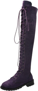 Women's Suede Over Knee High Boots Wide Calf Chunky Low Heel Stretchy Thigh High Boots Fashion Sexy Round Toe Lace Up Winter Long Boot