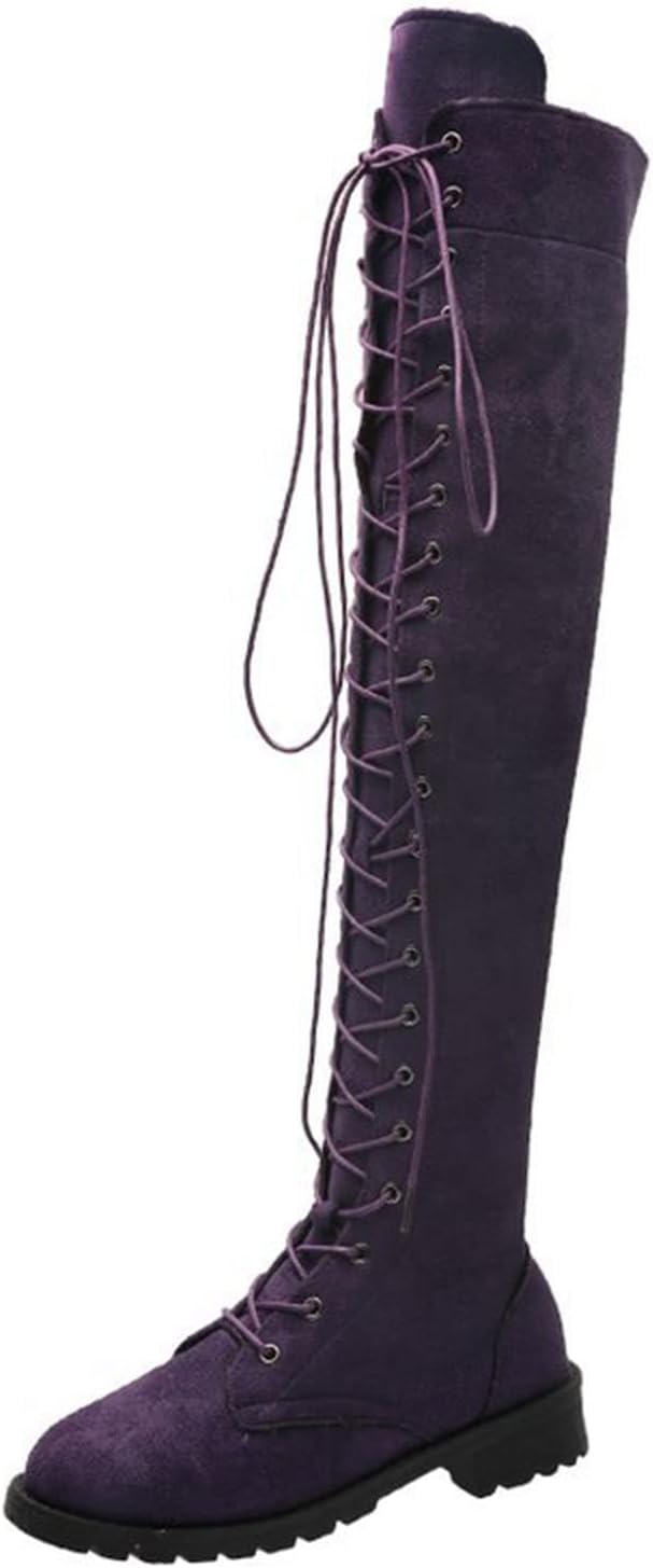Women's Suede Over Knee High Boots Wide Calf Chunky Low Heel Stretchy Thigh High Boots Fashion Sexy Round Toe Lace Up Winter Long Boot