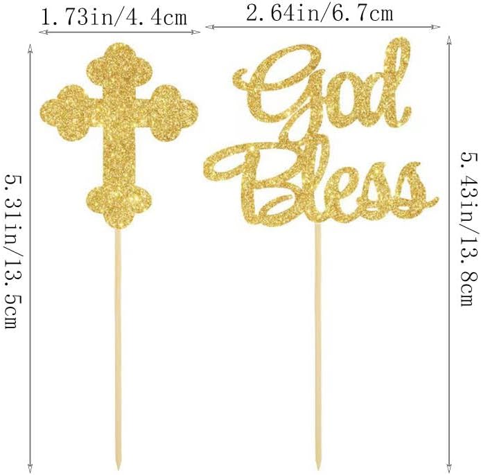 24 Pcs God Bless and Baptism Cupcake Toppers Gold Glitter Cross Cupcake Picks for Christian First Communion Baptism Party Cake Decorations Supplies