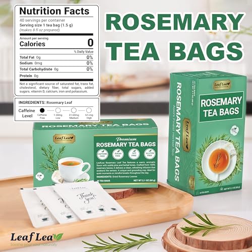 LeafLea 40 Premium Rosemary Tea Bags from 100% Natural Rosemary Leaves, Herbal Tea for Gentle Digestive Comfort, Te De Romero Earthy Taste & Light Aroma, Caffeine-Free, Sugar-Free, Non-GMO