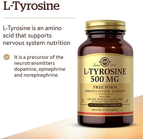 Solgar L-Tyrosine 500 mg, 100 Vegetable Capsules - Brain & Nervous System Support - Vegan, Gluten Free, Dairy Free, Kosher - 100 Servings,Standard Packaging
