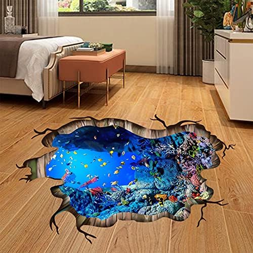 3D Under The Sea Fish Floor Wall Decals, FODIENS Ocean Sea Life Wall Stickers, Removable Peel and Stick Waterproof DIY Wall Art Decal for Kids Room Nursery Bathroom Living Room Playroom