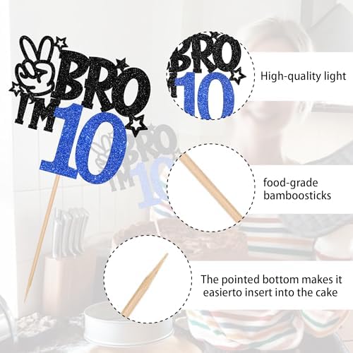 1 PCS Brother I'm 10 Cake Topper Glitter Star Happy 10th Birthday Cake Pick Bro I'm 10 Cake Decoration It's My 10th Birthday Decorations for Boys Cheers to 10 Years Old Birthday Party Supplies Blue